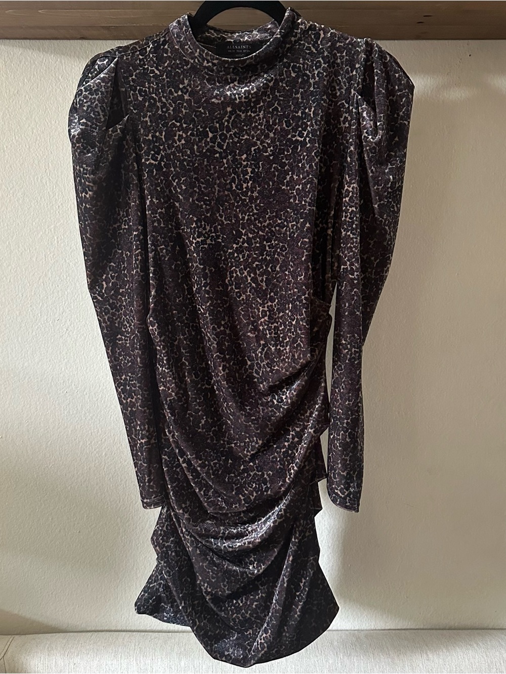 NWOT AllSaints Velvet Puff Long Sleeve Ruched Mini Dress, Leopard, Size US 6